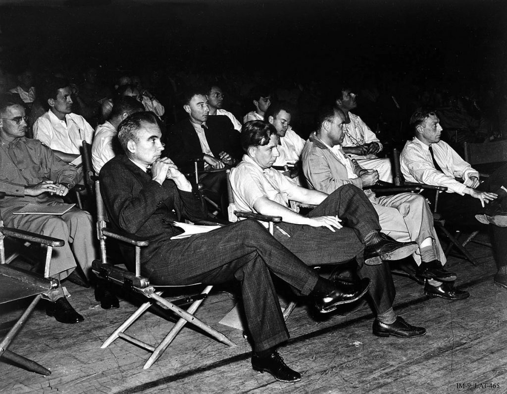 A 1946 colloquium on the hydrogen bomb at Los Alamos. Haywood is pictured at the far left.